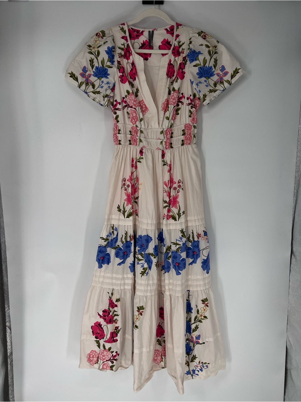 Anthropologie Somerset White Smocked Colorful Floral Girly Preppy Maxi Dress S